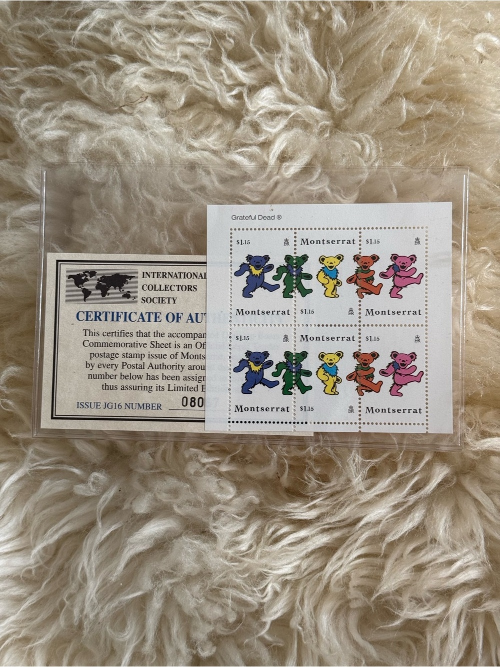 VINTAGE 1996 Grateful Dead Dancing Bears Stamp Sheet w COA Montserrat Hippie